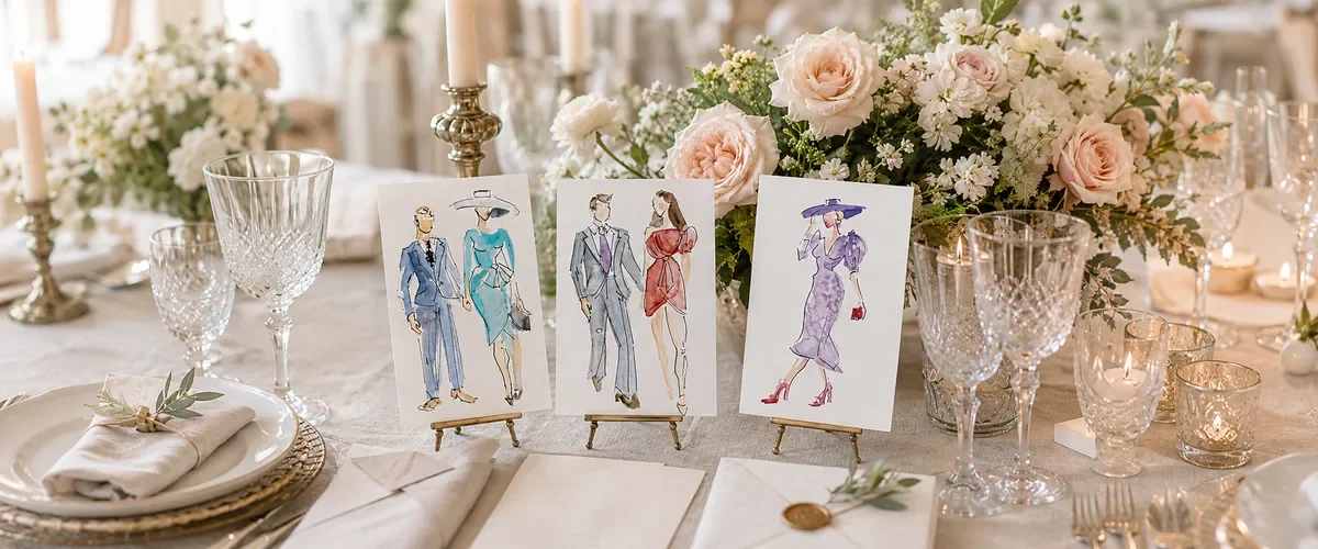 Acuarelas en directo para bodas en Valencia sobre mesa decorada con flores